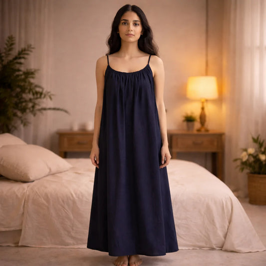 Premium Gathered Cotton Jersey Maxi Dress – Spaghetti Strap Long Backless Cami (Summer | Maternity | Nightwear Comfort Fit)
