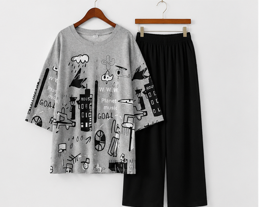 Grey Planet Music With Black Pajama Printed Night Suit