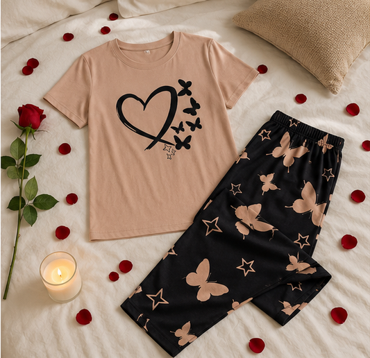 Heart & Butterfly Printed Night Suit