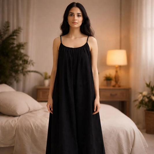 Premium Gathered Cotton Jersey Maxi Dress – Spaghetti Strap Long Backless Cami (Summer | Maternity | Nightwear Comfort Fit)