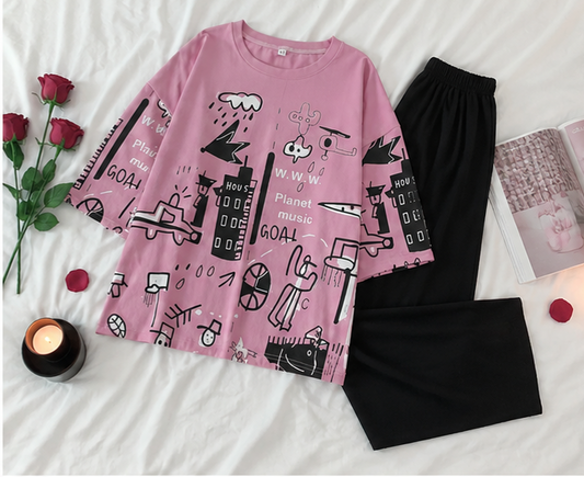 Pink Planet Music With Black Pajama Printed Night Suit