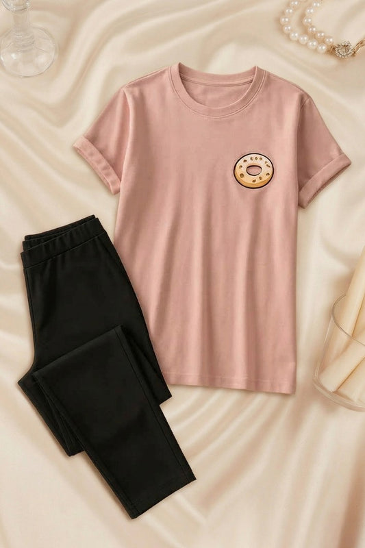 PINK DONUT DRIP PRINTED SHIRT AND BLACK TROUSER