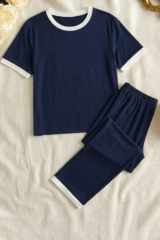 Dark Blue Tshirt With White Round Neck And Plazo Pajama (Half Seleeve)